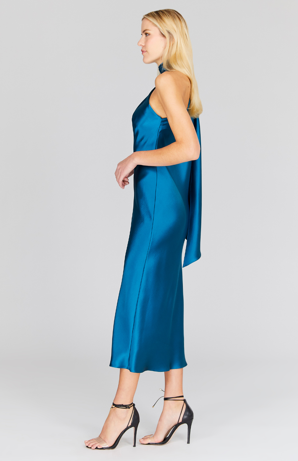 Satin One Shoulder Bias Dress w/ Scarf