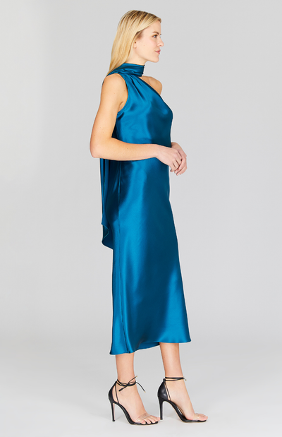 Satin One Shoulder Bias Dress w/ Scarf