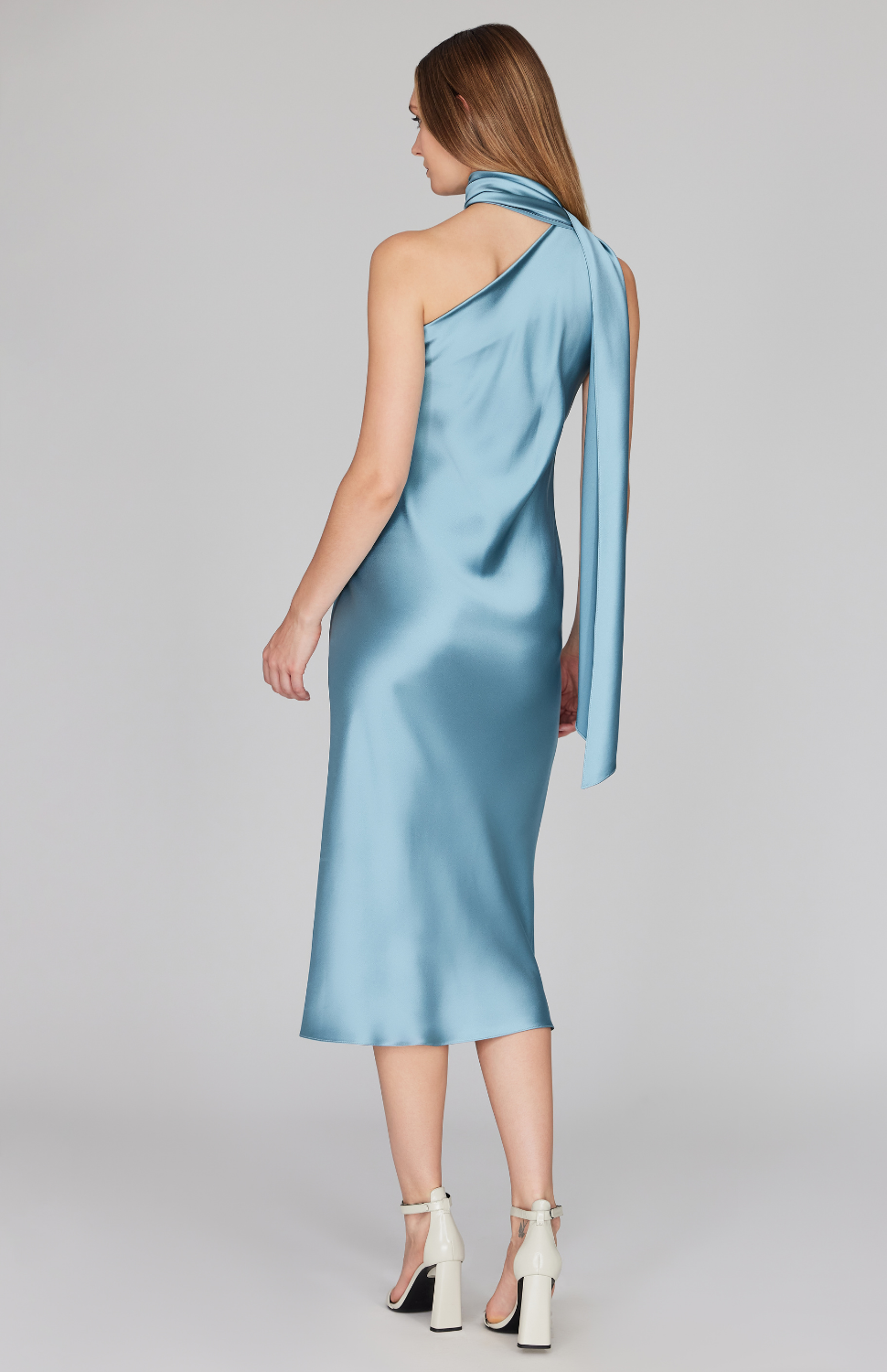 Satin One Shoulder Bias Dress w/ Scarf