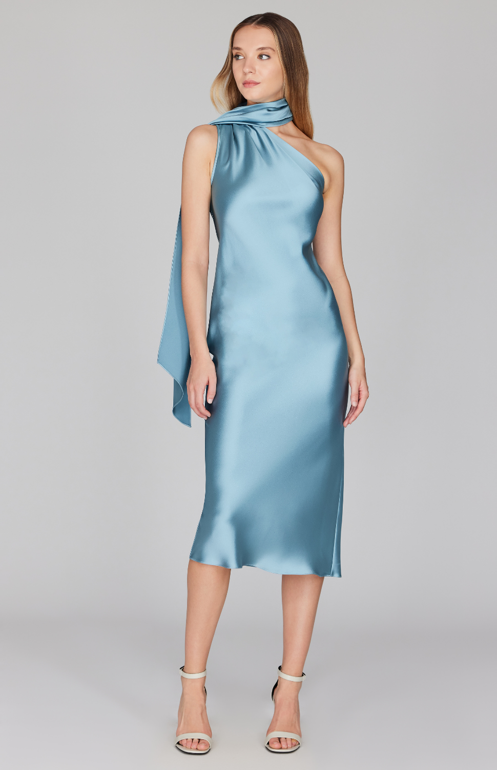 Satin One Shoulder Bias Dress w/ Scarf
