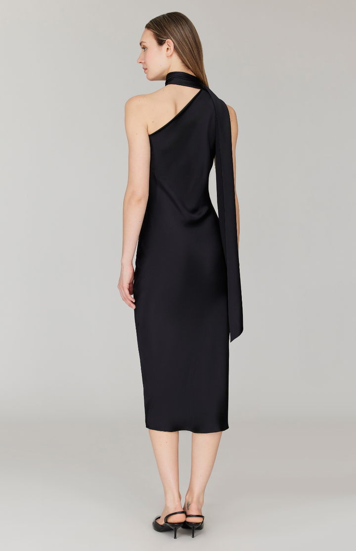 Satin One Shoulder Bias Dress w/ Scarf