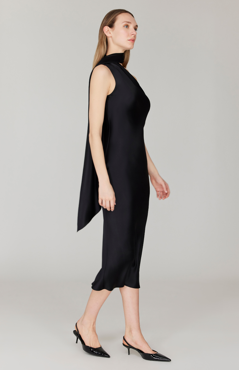 Satin One Shoulder Bias Dress w/ Scarf