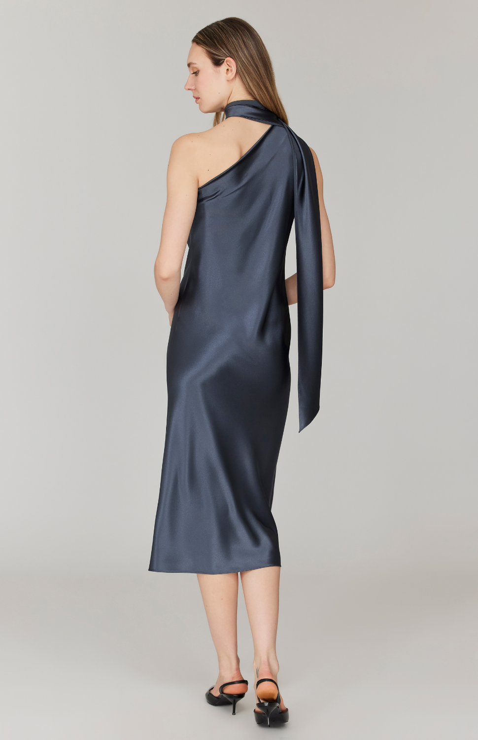 Satin One Shoulder Bias Dress w/ Scarf