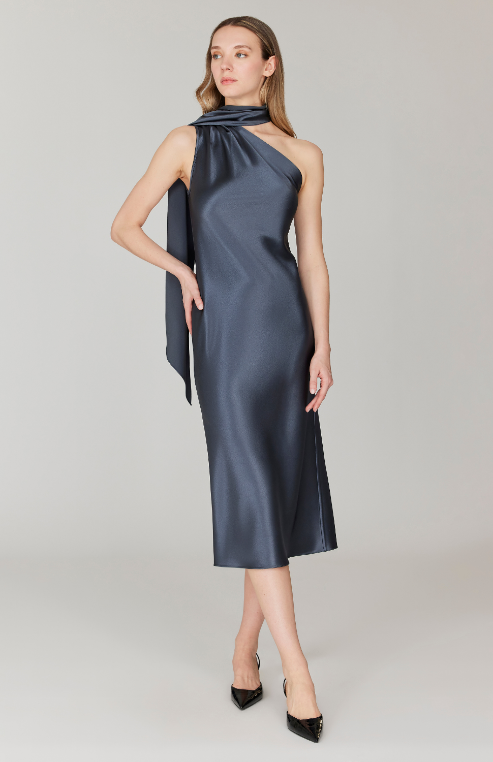 Satin One Shoulder Bias Dress w/ Scarf
