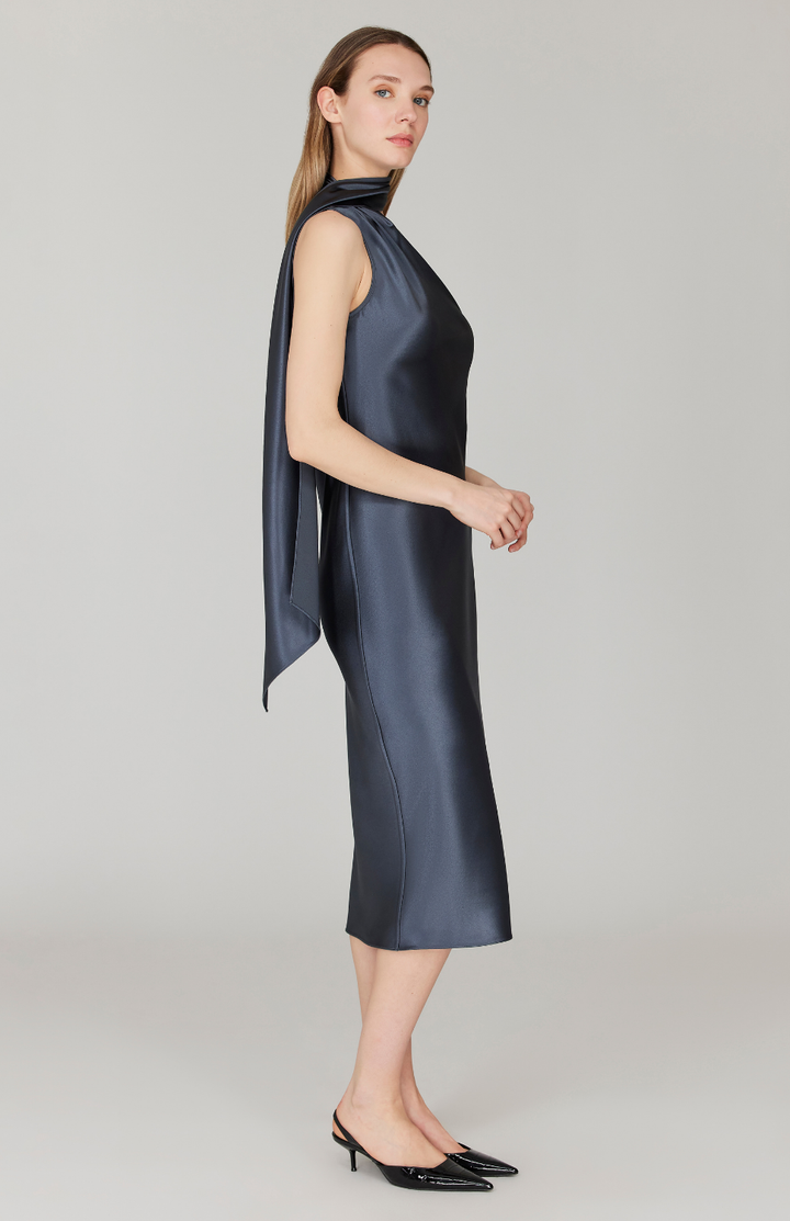 Satin One Shoulder Bias Dress w/ Scarf