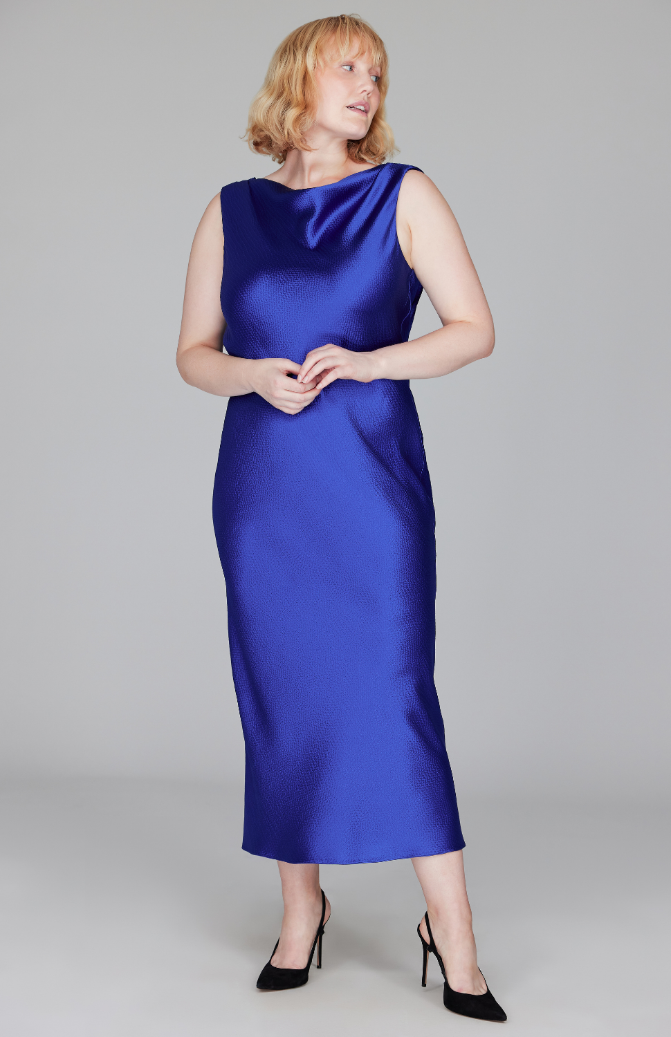 Hammered Satin Drape Back Bias Dress