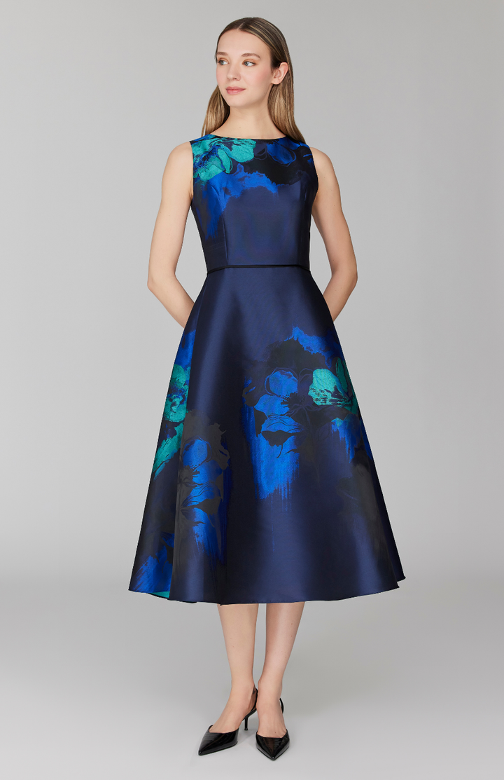 Watercolor Floral Jacquard Sleeveless Fit & Flare Dress