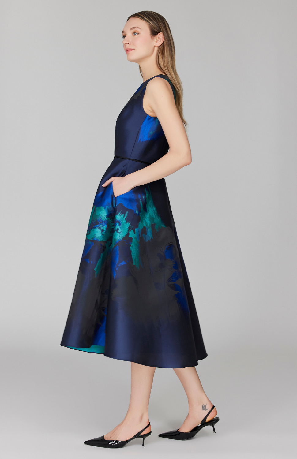 Watercolor Floral Jacquard Sleeveless Fit & Flare Dress