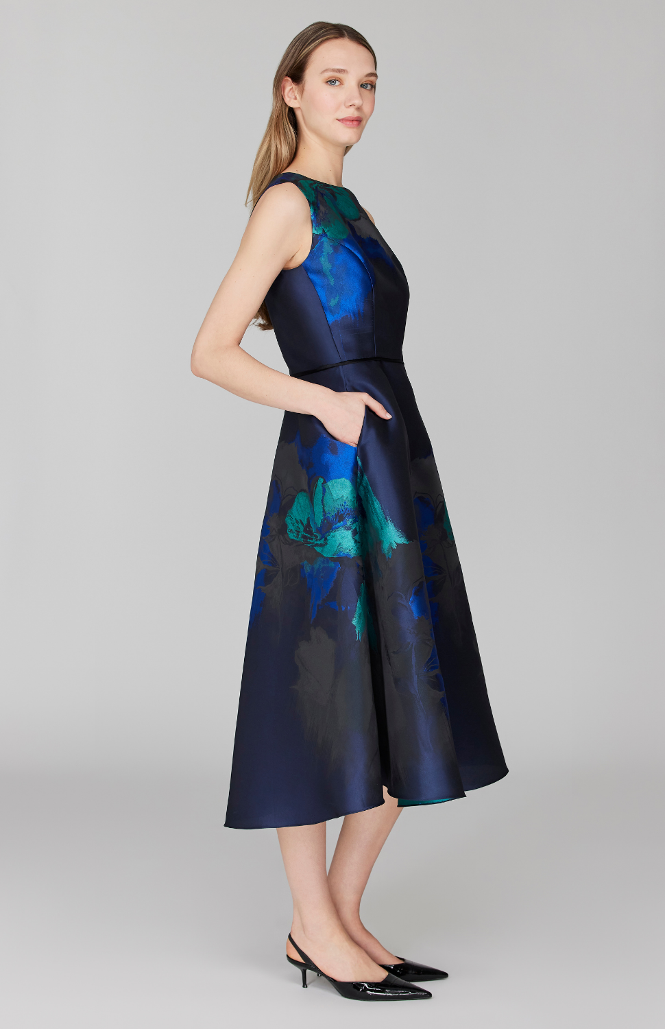 Watercolor Floral Jacquard Sleeveless Fit & Flare Dress