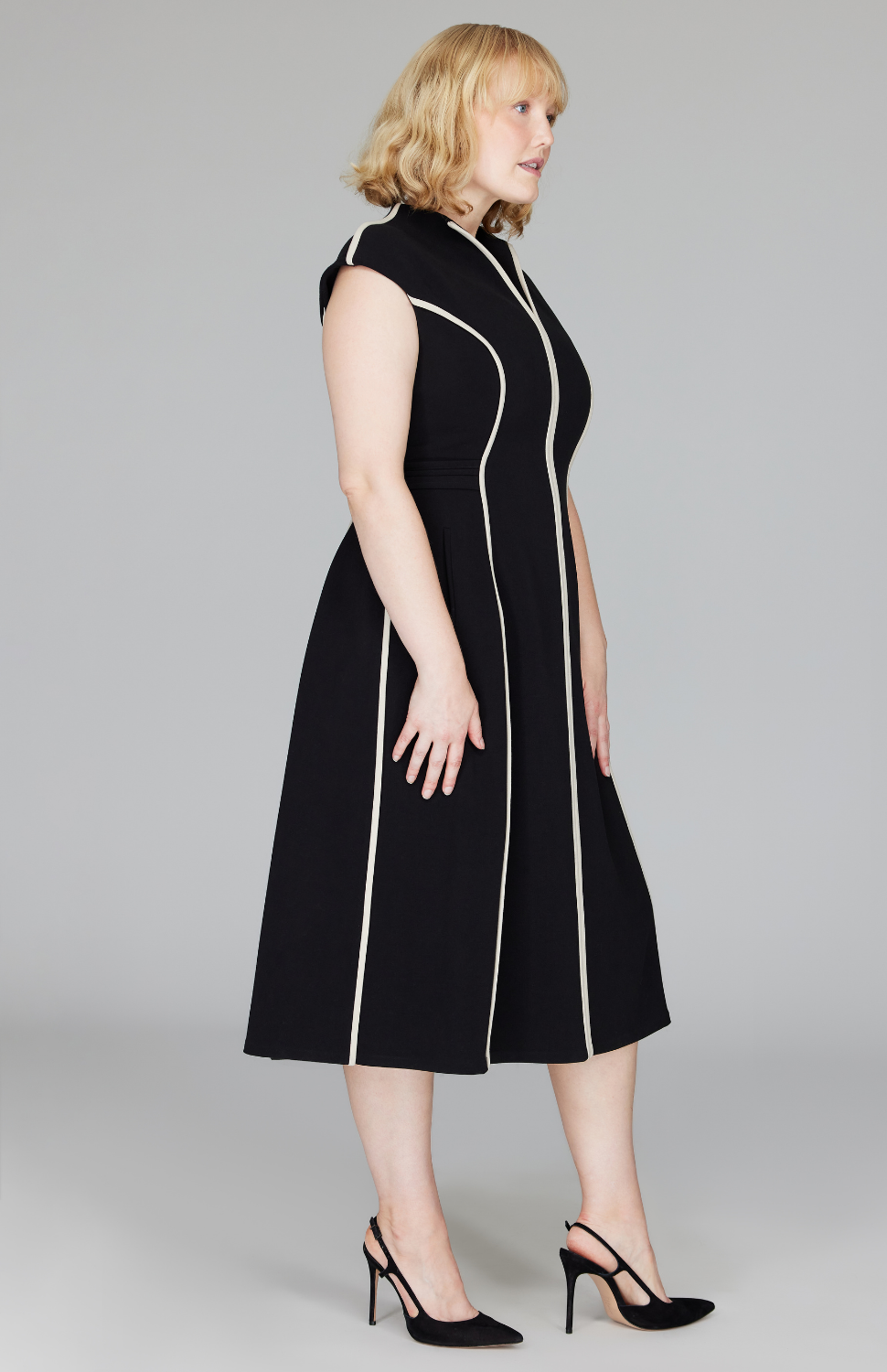Double Face Cap Sleeve Fit & Flare Dress w/Contrast Bias 16 / Stone Black HY Double Face Cap Sleeve Fit & Flare Dress w/Contrast Bias 16 / Stone Black HY
