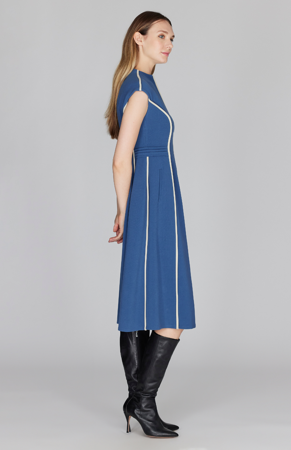Double Face Cap Sleeve Fit & Flare Dress w/Contrast Bias 16 / Stone Black HY Double Face Cap Sleeve Fit & Flare Dress w/Contrast Bias 16 / Stone Black HY
