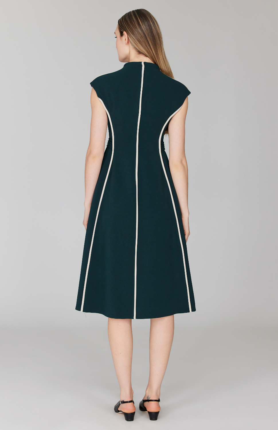 Double Face Cap Sleeve Fit & Flare Dress w/Contrast Bias 16 / Stone Black HY Double Face Cap Sleeve Fit & Flare Dress w/Contrast Bias 16 / Stone Black HY