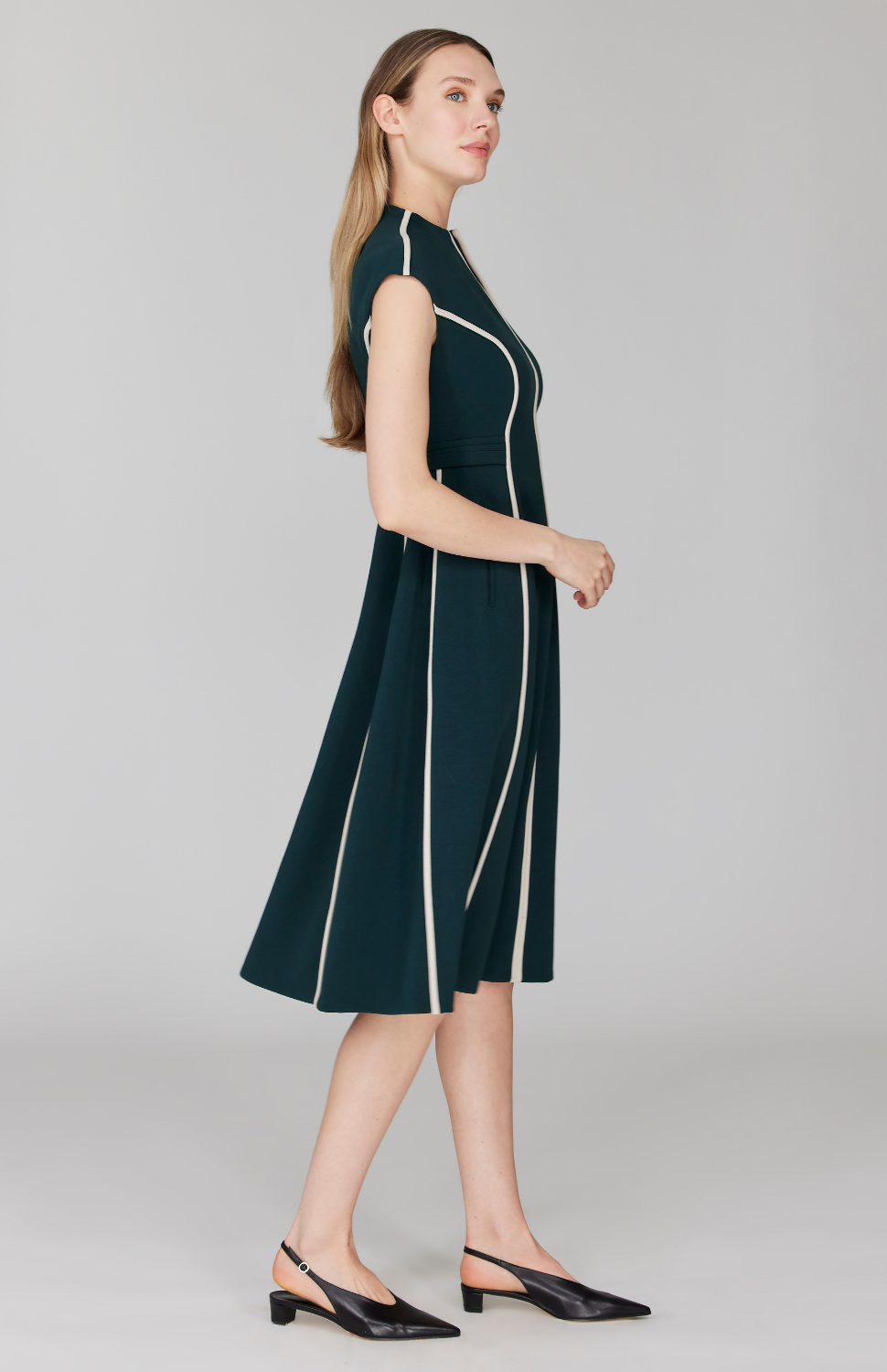 Double Face Cap Sleeve Fit & Flare Dress w/Contrast Bias 16 / Stone Black HY Double Face Cap Sleeve Fit & Flare Dress w/Contrast Bias 16 / Stone Black HY