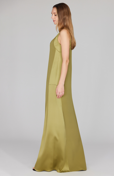 Silk V Neck Gown w/ Satin Contrast Panels