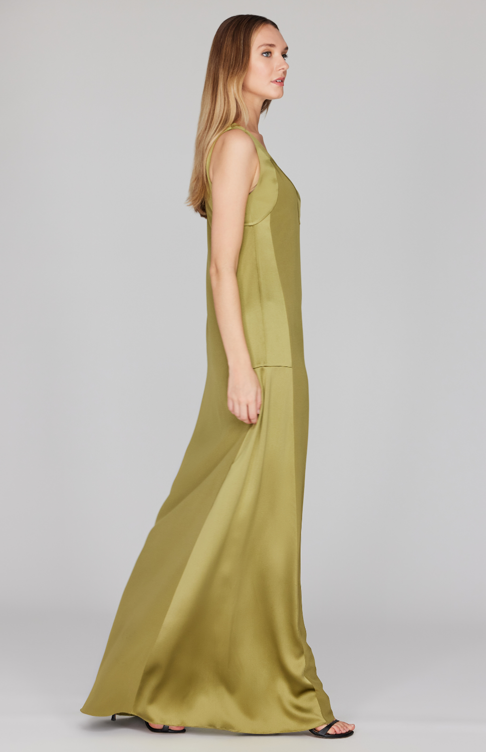 Silk V Neck Gown w/ Satin Contrast Panels