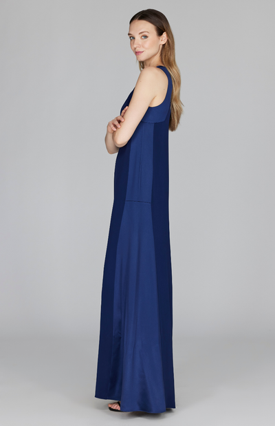 Silk V Neck Gown w/ Satin Contrast Panels