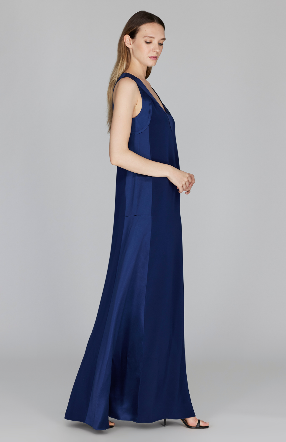 Silk V Neck Gown w/ Satin Contrast Panels