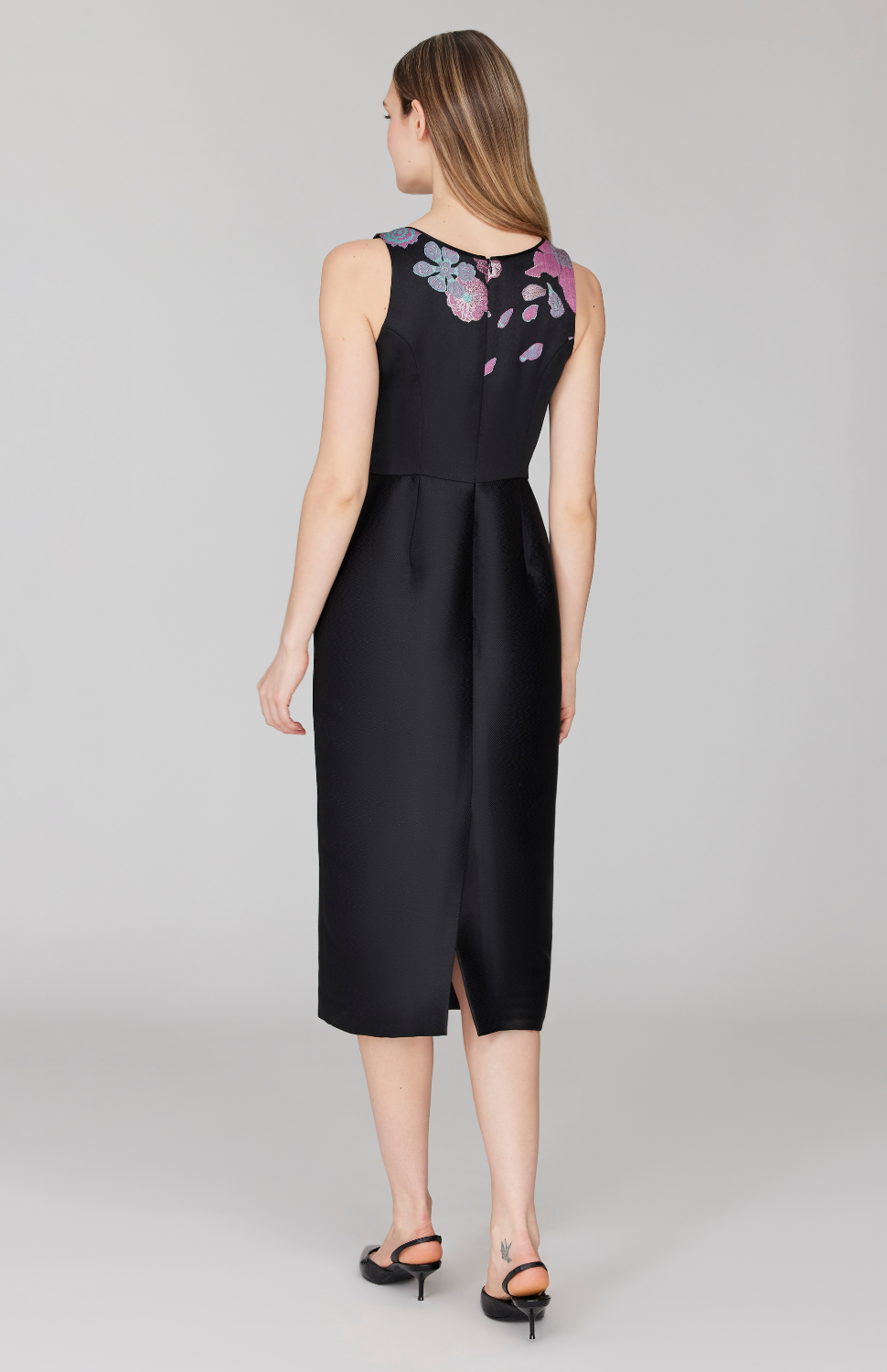 Metallic Scattered Flora Long Fitted Dress w/ Satin Bias