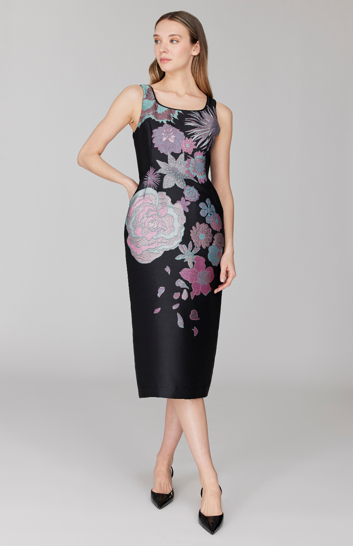 Metallic Scattered Flora Long Fitted Dress w/ Satin Bias