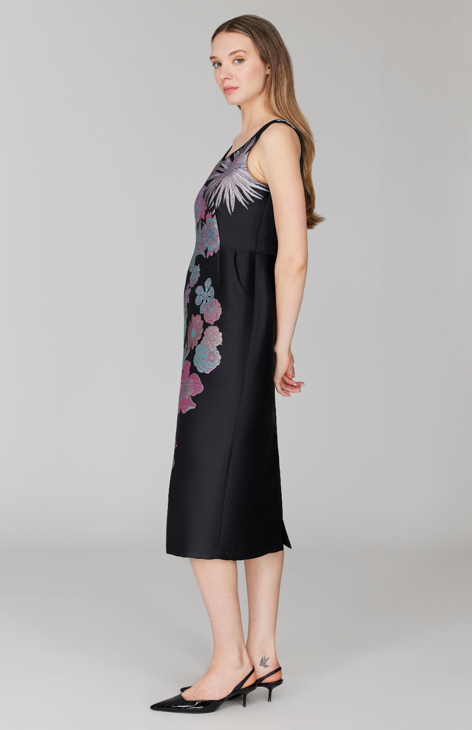 Metallic Scattered Flora Long Fitted Dress w/ Satin Bias