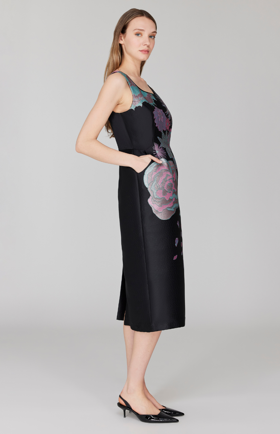 Metallic Scattered Flora Long Fitted Dress w/ Satin Bias