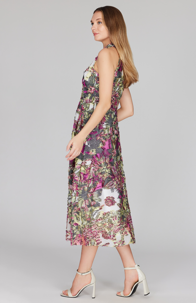 Metallic Floral Eyelash Fit & Flare Dress w/ Satin V Neck