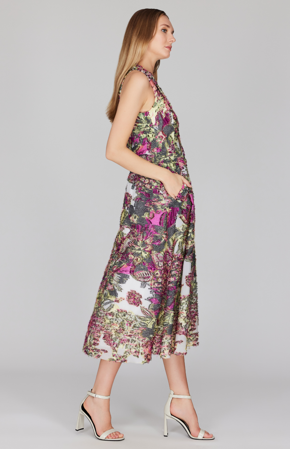 Metallic Floral Eyelash Fit & Flare Dress w/ Satin V Neck