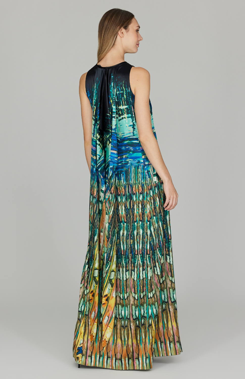 Water Reflection Long Trapeze Gown w/ Back Cascade Detail