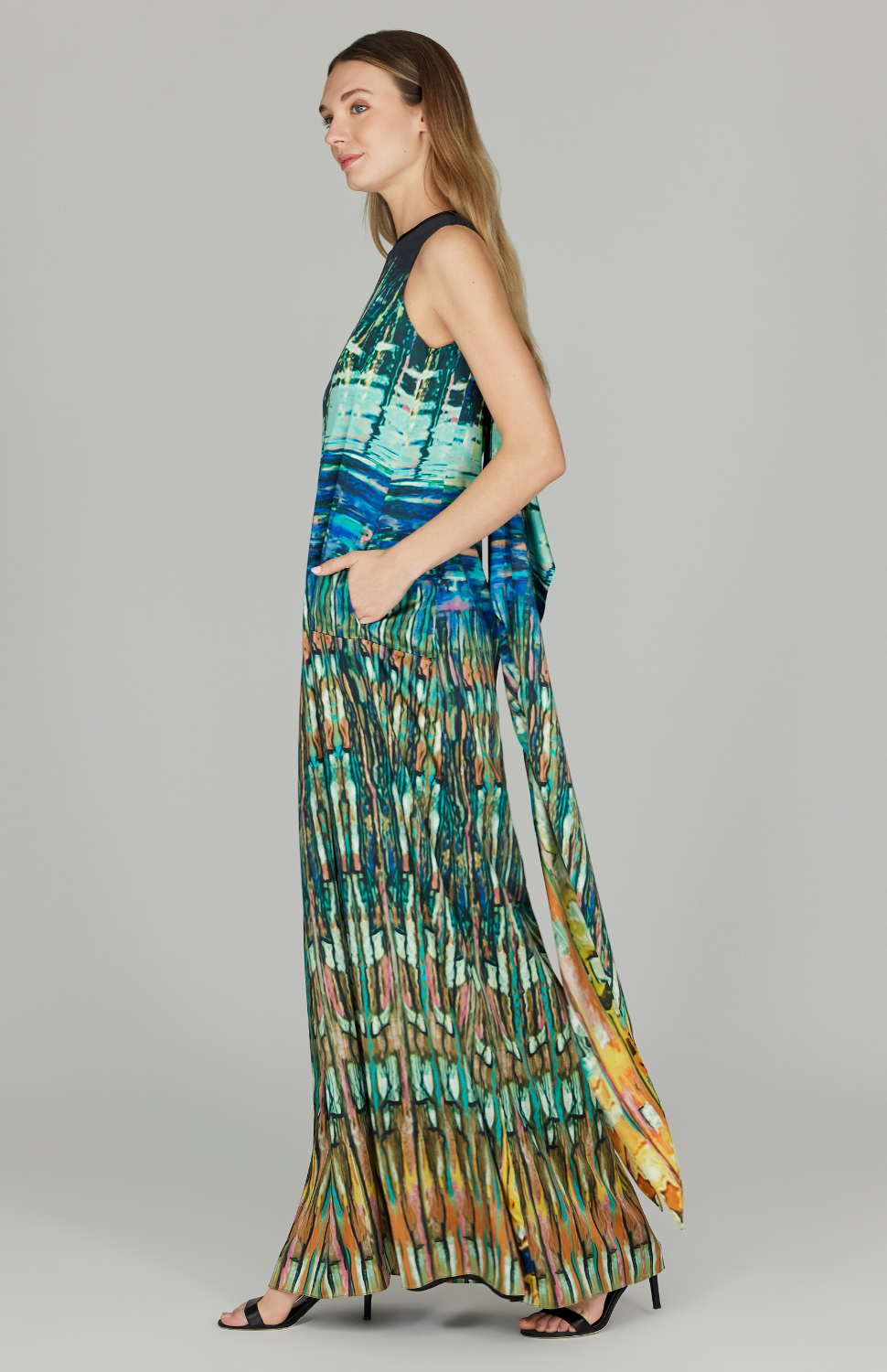 Water Reflection Long Trapeze Gown w/ Back Cascade Detail