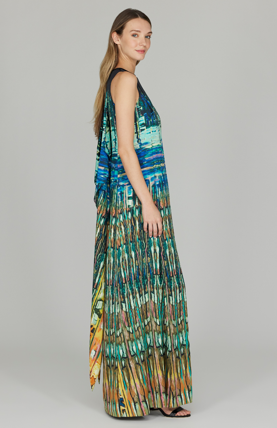 Water Reflection Long Trapeze Gown w/ Back Cascade Detail