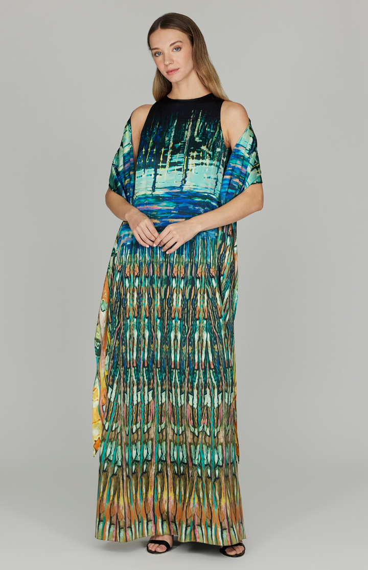 Water Reflection Long Trapeze Gown w/ Back Cascade Detail