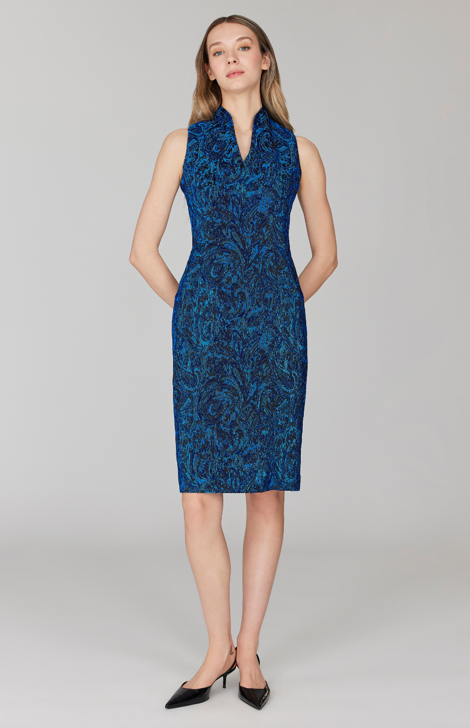 Paisley Stretch Jacquard Fitted Dress w/ High Neck