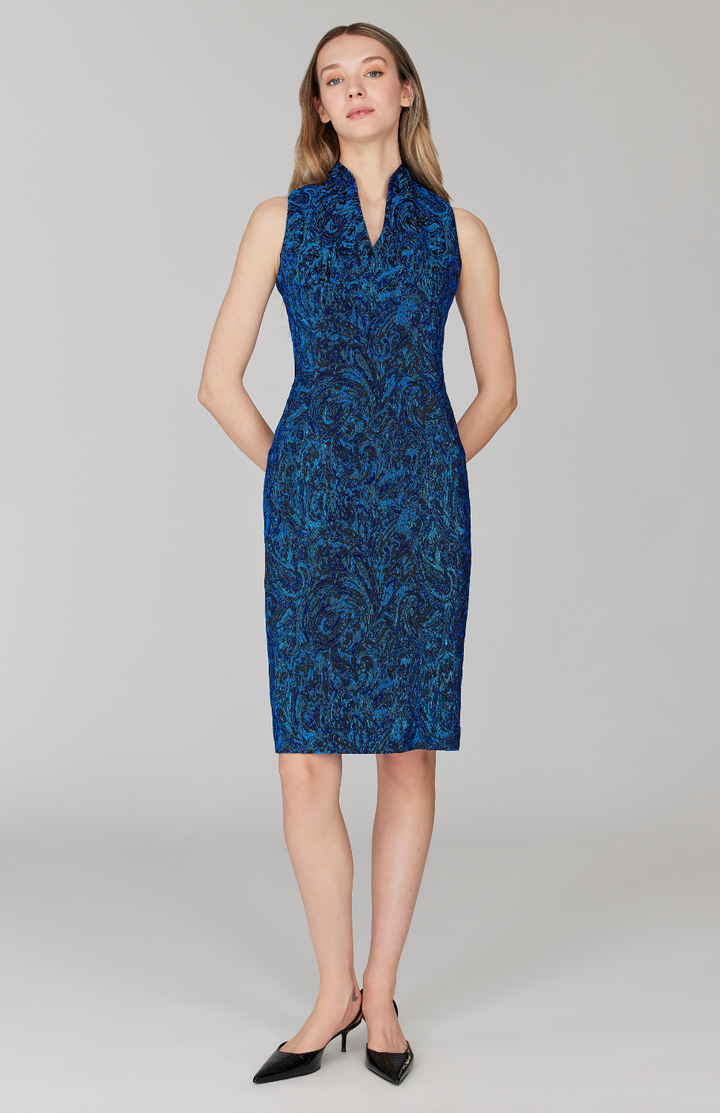 Paisley Stretch Jacquard Fitted Dress w/ High Neck