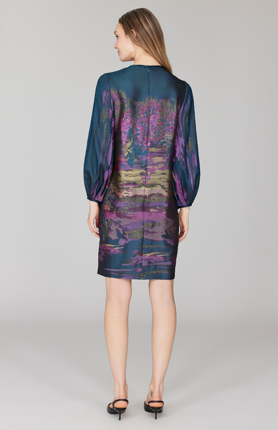 Dusk Landscape Jacquard Shift Dress w/ Long Gathered Sleeve