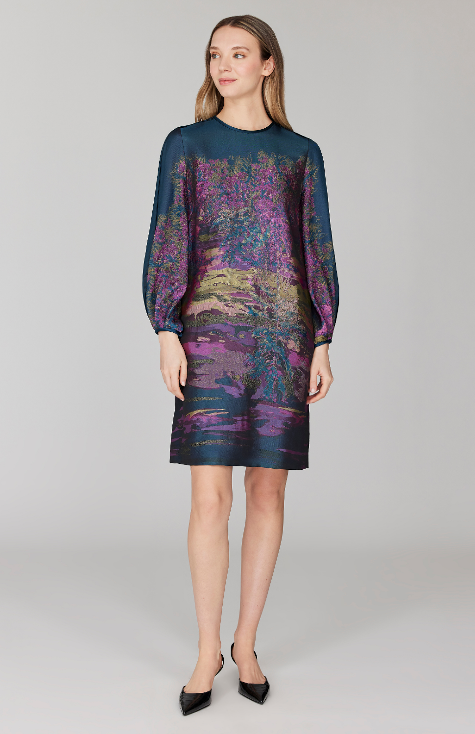 Dusk Landscape Jacquard Shift Dress w/ Long Gathered Sleeve – Mi Jong Lee