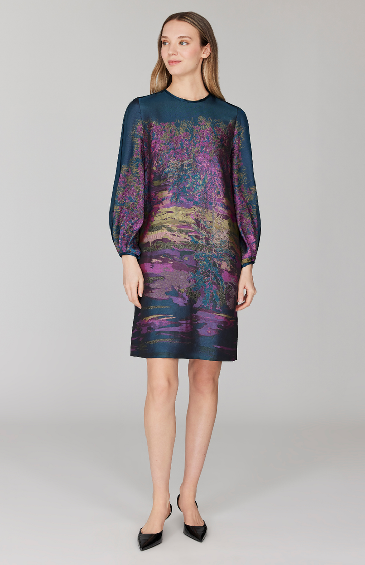 Dusk Landscape Jacquard Shift Dress w/ Long Gathered Sleeve