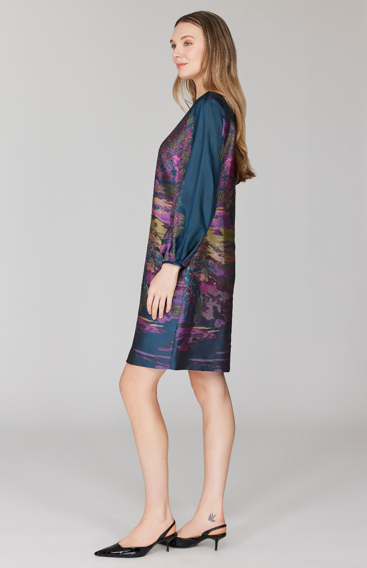 Dusk Landscape Jacquard Shift Dress w/ Long Gathered Sleeve