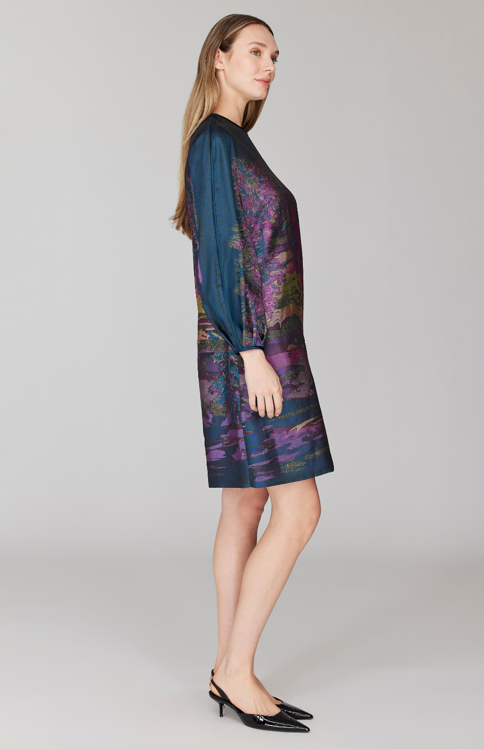 Dusk Landscape Jacquard Shift Dress w/ Long Gathered Sleeve