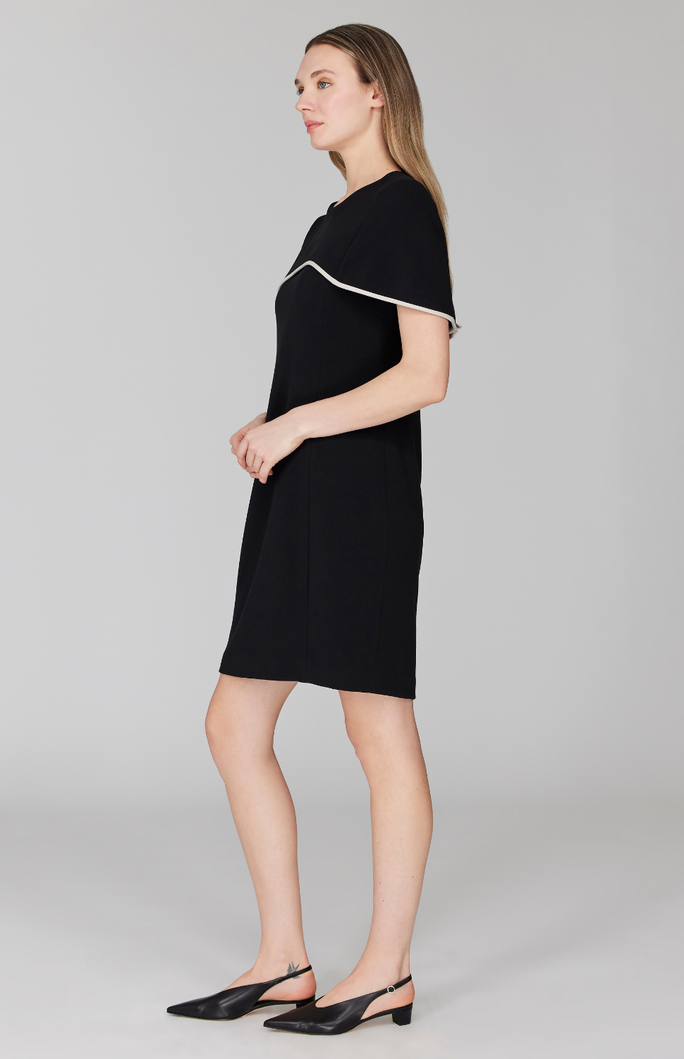 Double Face Fitted Dress w/ Capelet & Contrast Bias