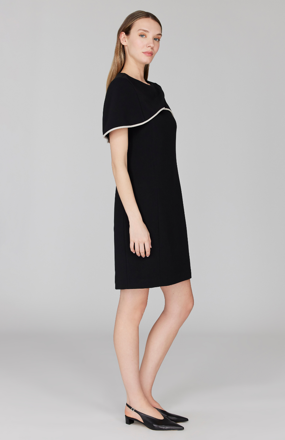Double Face Fitted Dress w/ Capelet & Contrast Bias