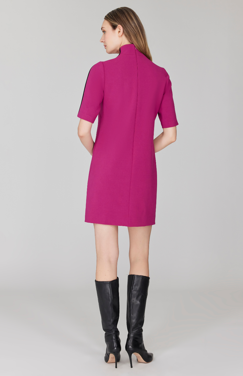 Double Face Turtleneck Shift Dress w/Contrast Bias
