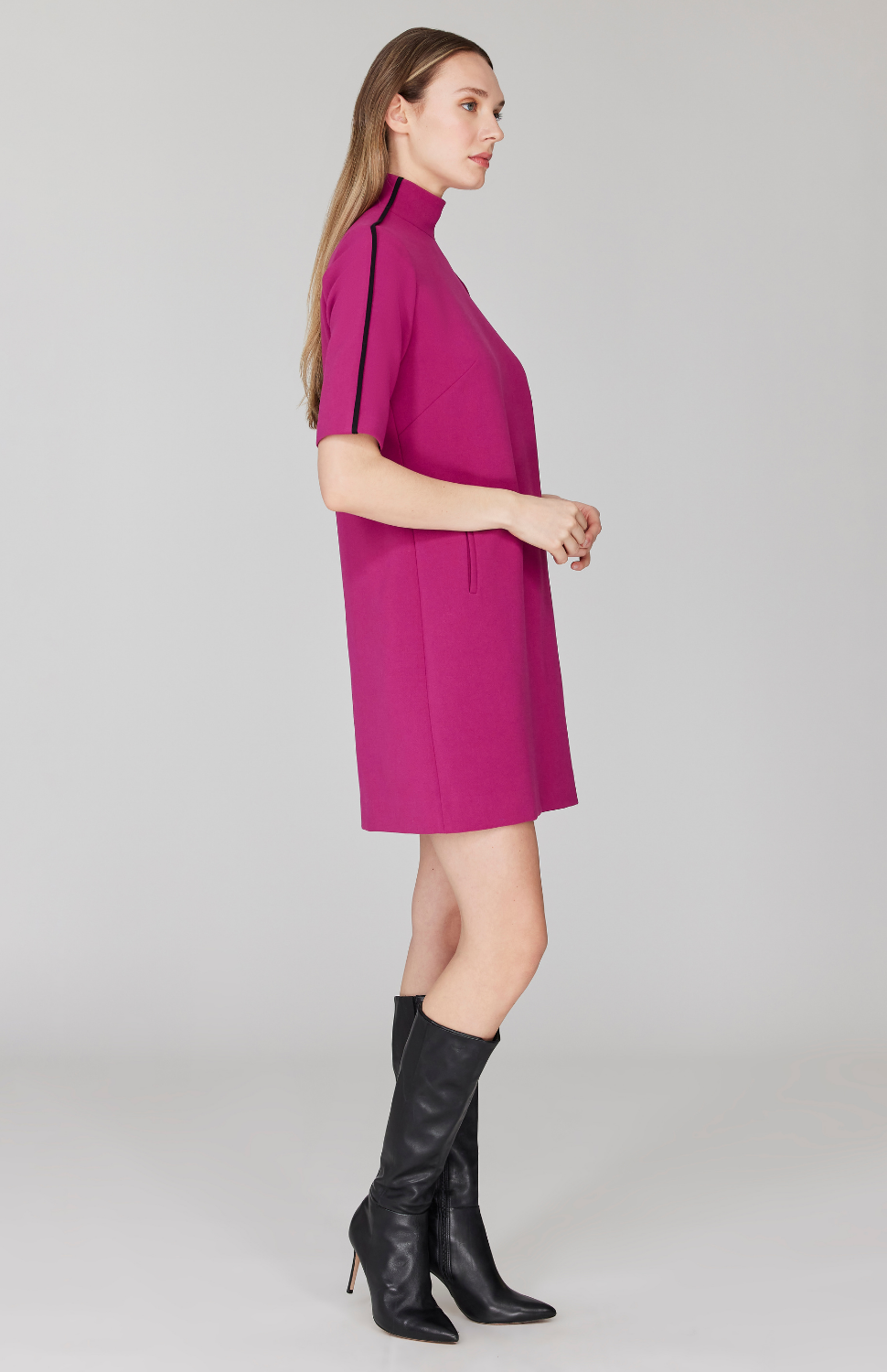 Double Face Turtleneck Shift Dress w/Contrast Bias