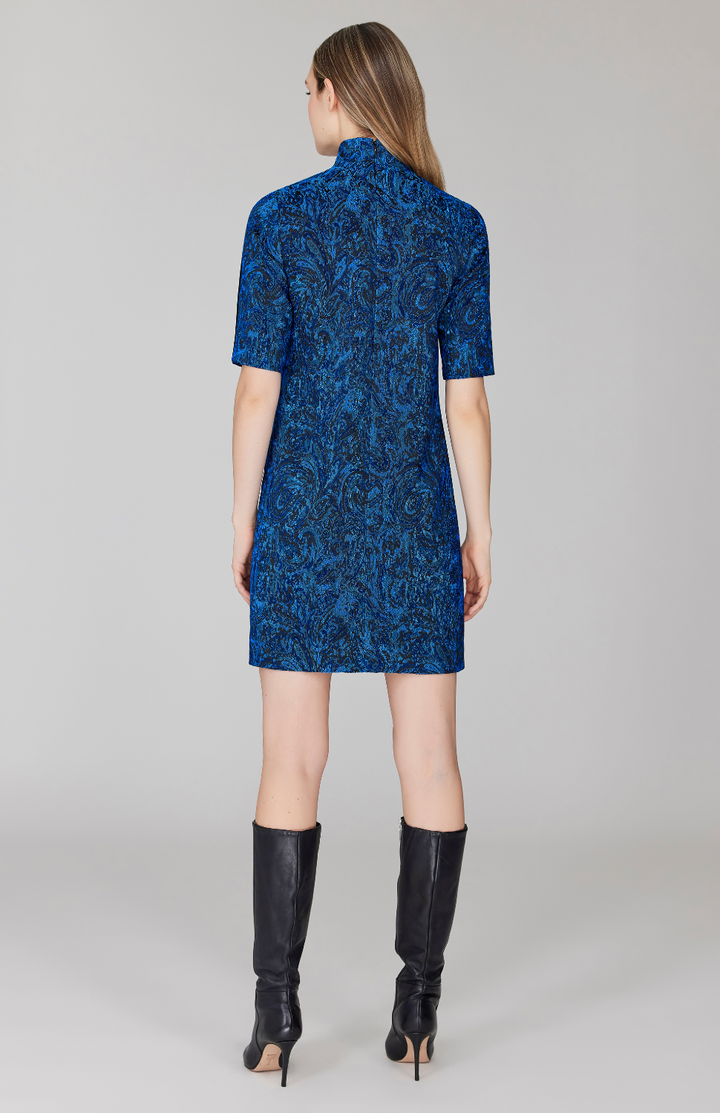 Paisley Stretch Jacquard Turtleneck Shift Dress w/ Bias