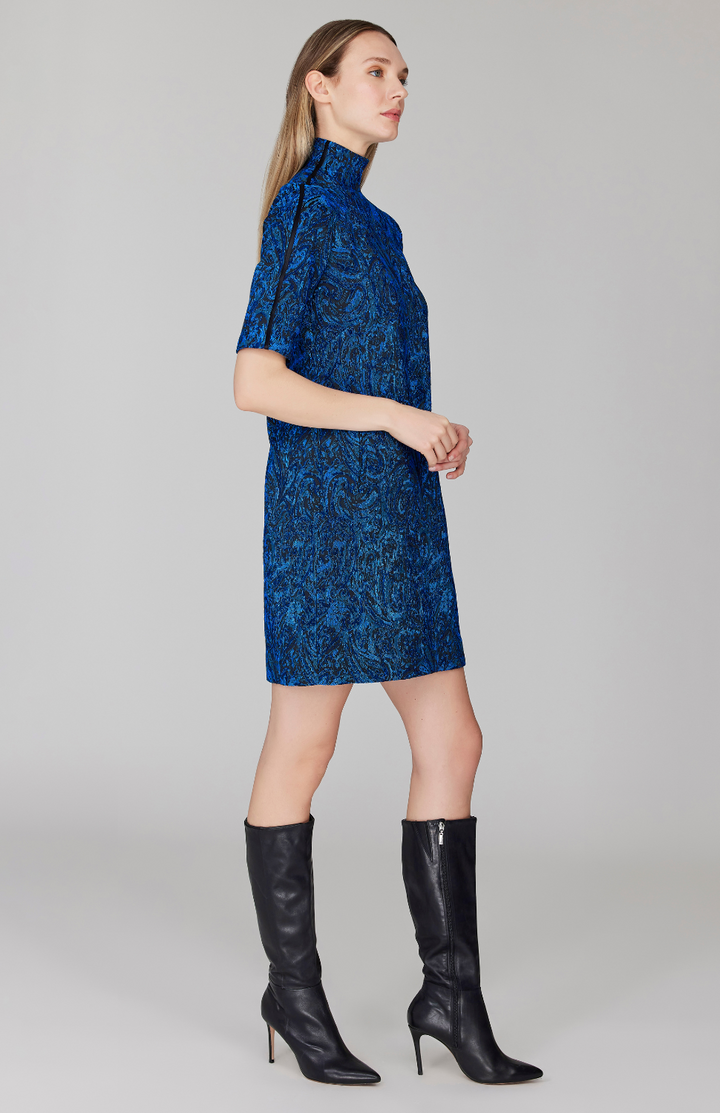 Paisley Stretch Jacquard Turtleneck Shift Dress w/ Bias