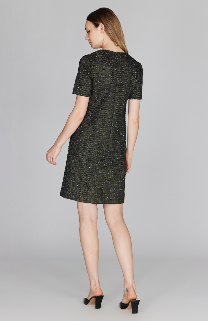 Metallic Tweed Color Blocked Short Sleeve Shift Dress
