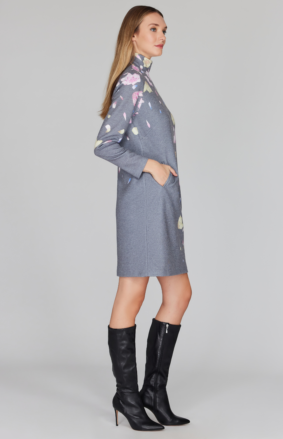 Scattered Blossom Sweater Turtleneck Shift Dress