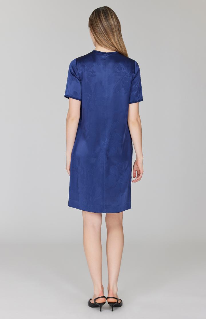 Embossed Floral Satin Short Sleeve Shift Dress