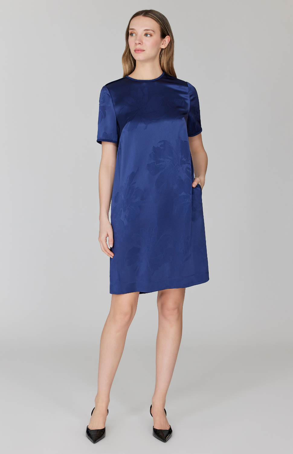 Embossed Floral Satin Short Sleeve Shift Dress 8 / Blue Thistle EN Embossed Floral Satin Short Sleeve Shift Dress 8 / Blue Thistle EN