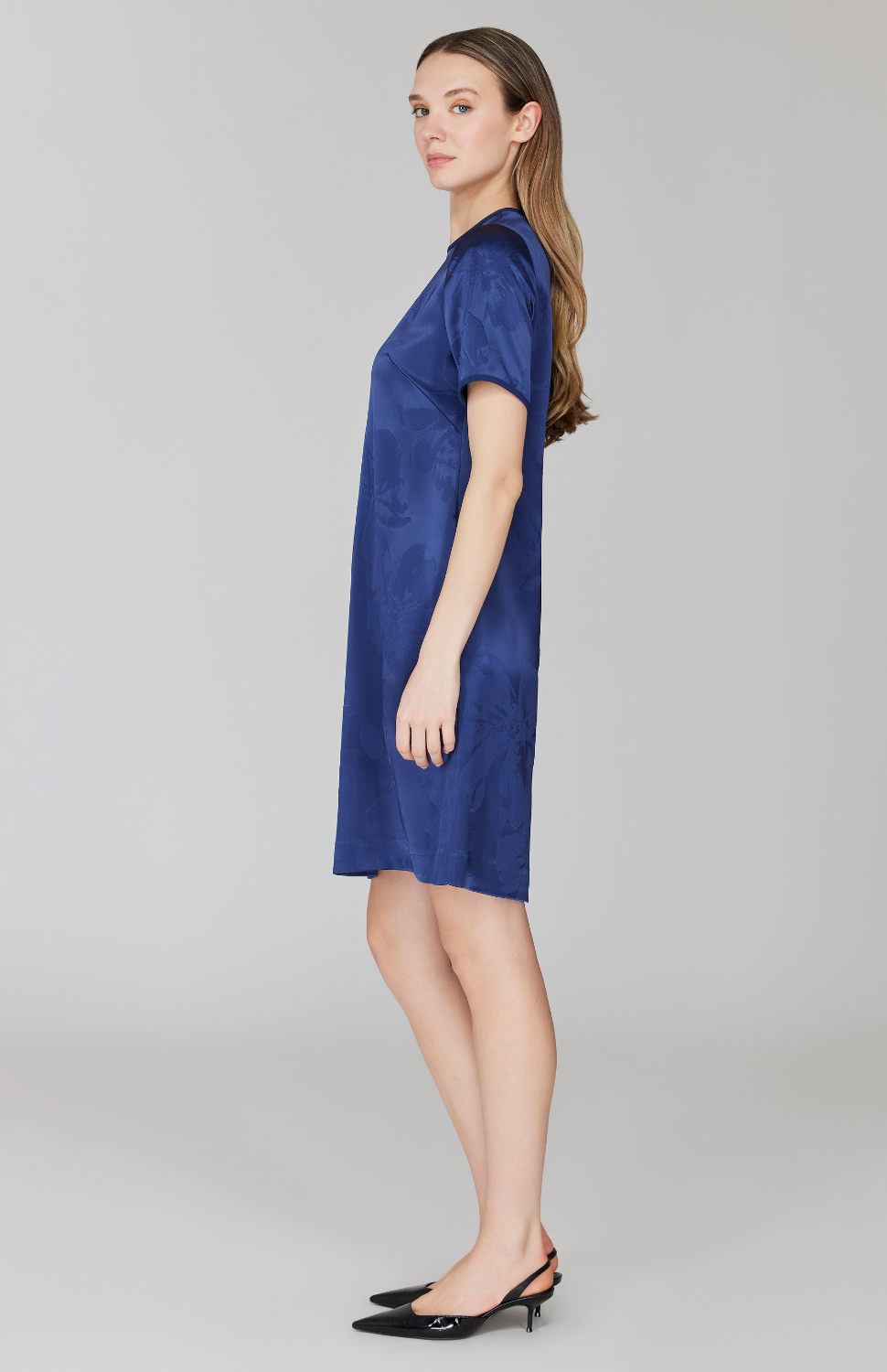 Embossed Floral Satin Short Sleeve Shift Dress
