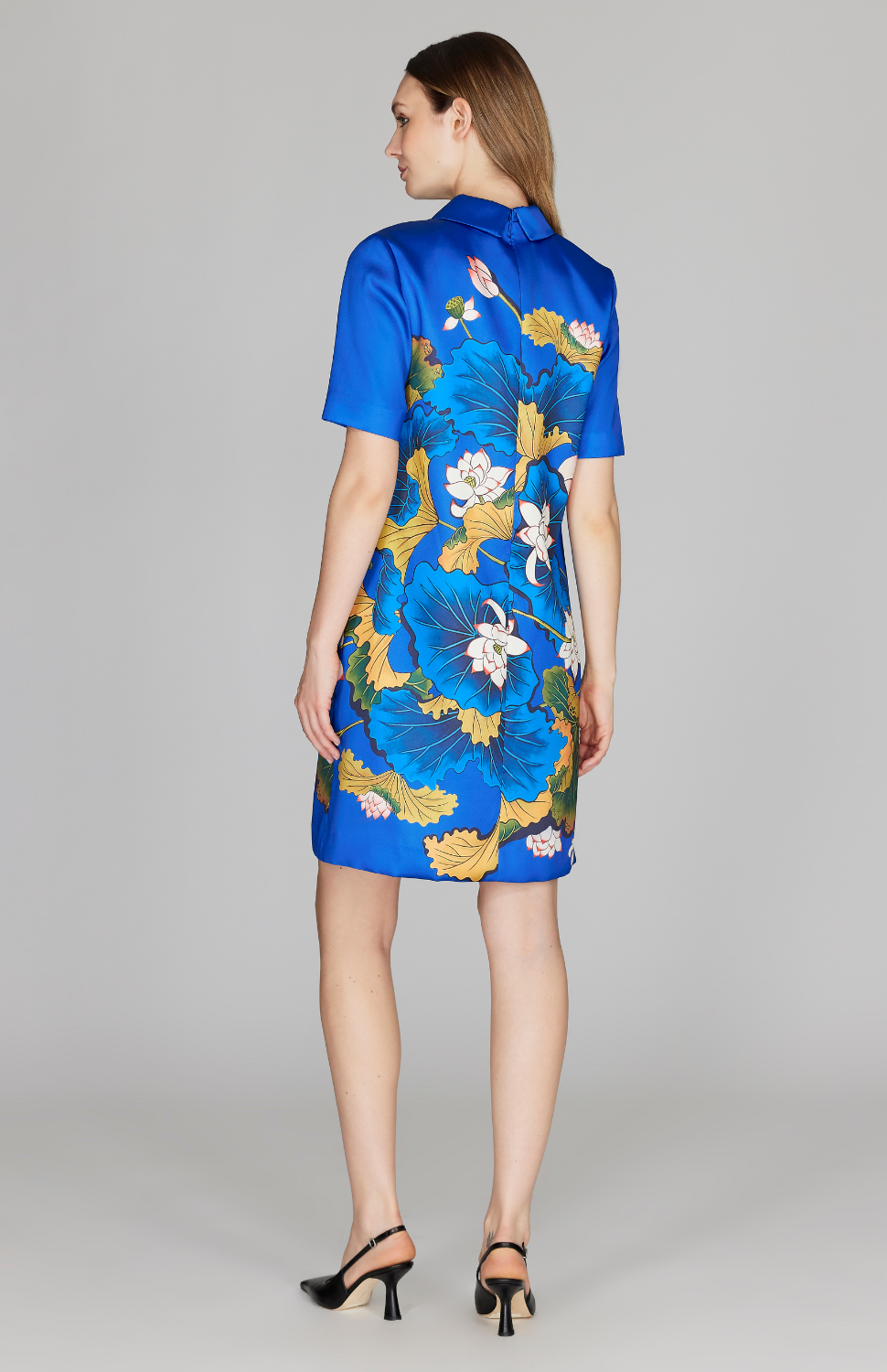 Lotus Print Short Sleeve Collard Shift Dress